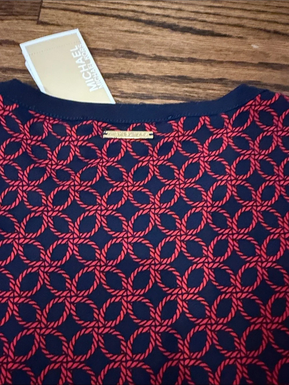 NWT Michael Kors Red & Navy Patterned Long-Sleeve Dress